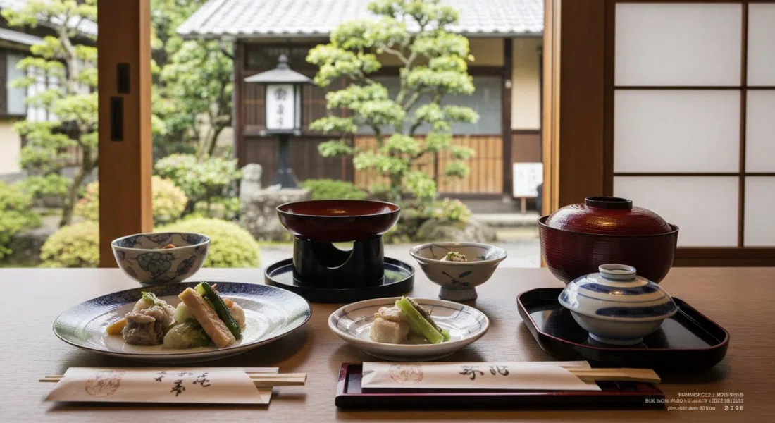 un curso de shojin-ryori en Shigetsu en Tenryu-ji, delicados platos vegetarianos dispuestos en laca con la luz del jardín al otro lado de la ventana