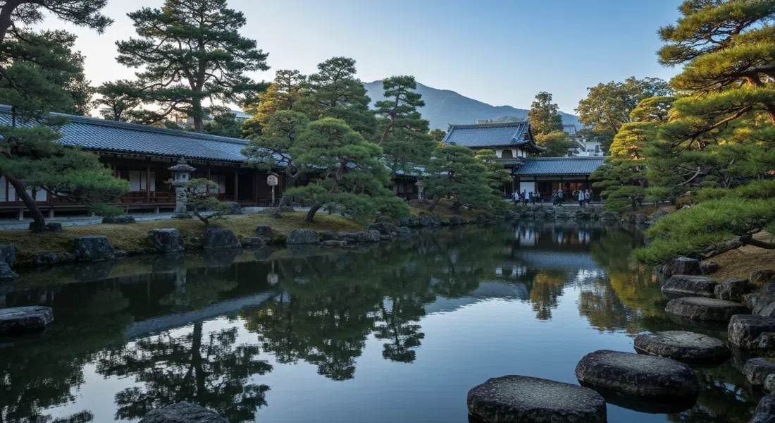 el jardín Sogen-chi de Tenryu-ji en la suave luz de la mañana, el estanque reflejando el paisaje prestado del monte Arashiyama con piedras rastrilladas y siluetas de pinos