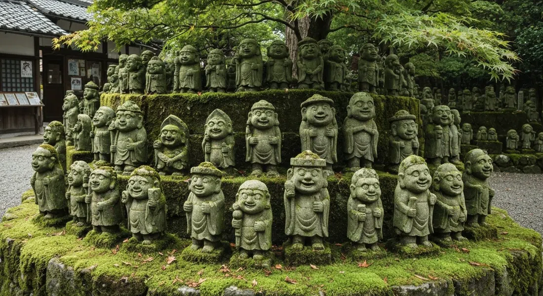 las estatuas rakan cubiertas de musgo en Otagi Nenbutsu-ji, docenas de pequeñas figuras talladas con expresiones cómicas variadas de pie entre musgo verde y hojas de arce