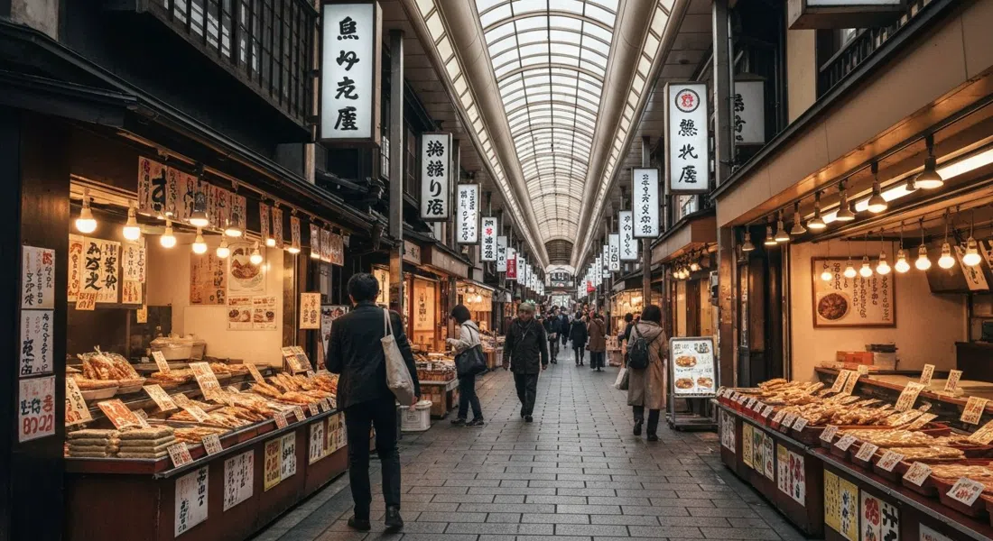 Pasillo cubierto del mercado de Nishiki de día, puestos de encurtidos, yuba y brochetas apretados bajo el techo de la arcada, compradores moviéndose lentamente por el estrecho carril