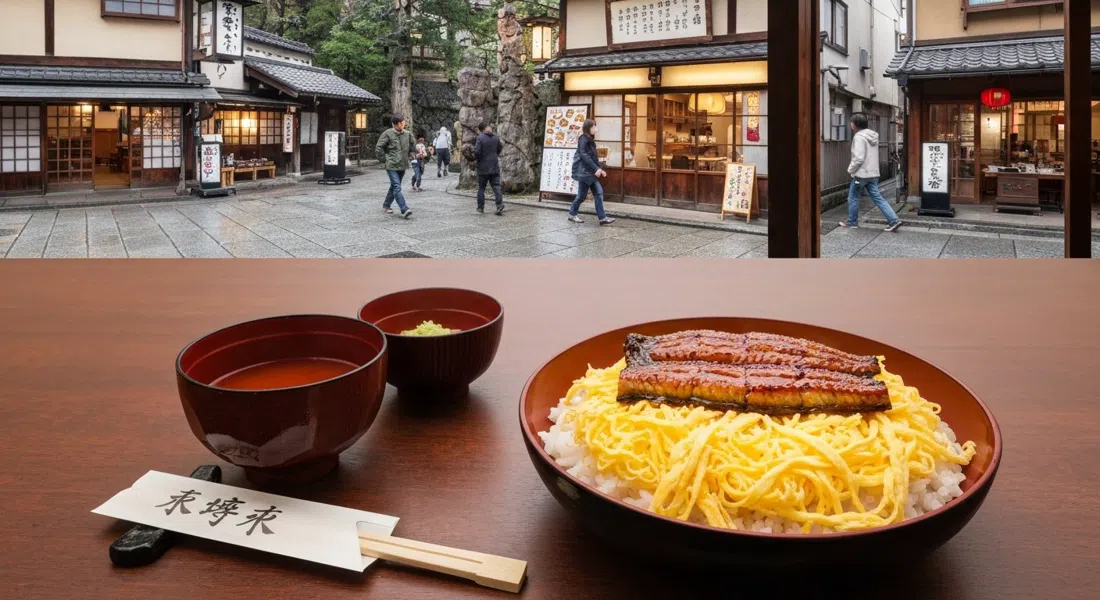 Kinshi-don de Kyogoku Kaneyo sobre una mesa lacada, brillante anguila y tortilla desmenuzada pálida sobre arroz en un restaurante tradicional de Kioto