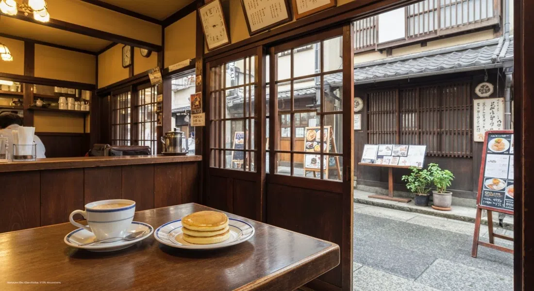 Interior retro de kissaten de Smart Coffee en Teramachi, un plato de hotcakes y una taza de café sobre una mesa pequeña bajo cálida madera y accesorios antiguos