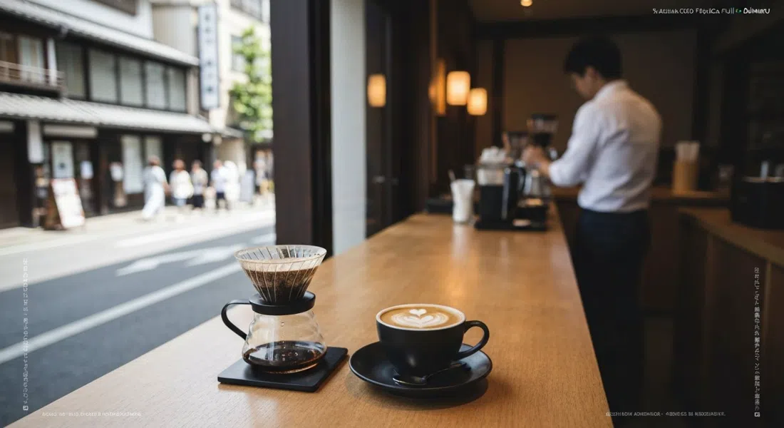 Un preciso pour-over y latte de % Arabica Fujii-Daimaru, líneas limpias de barra de café y tazas pulidas en un moderno ambiente de Kioto