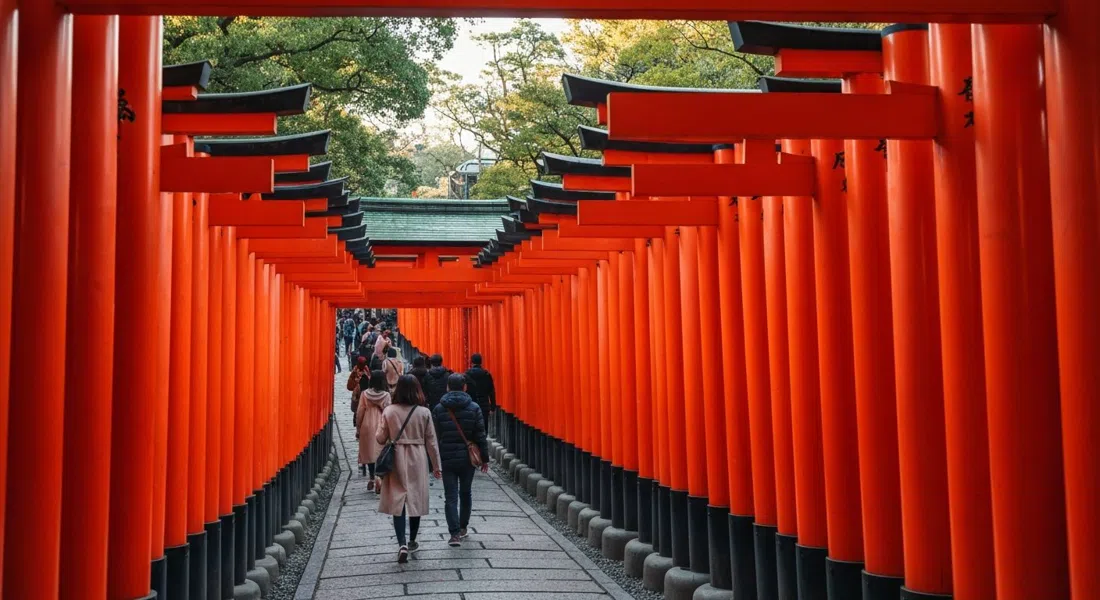 el corredor de Senbon Torii en Fushimi Inari Taisha, puertas bermellón que retroceden cuesta arriba bajo una suave luz matutina con visitantes caminando entre ellas