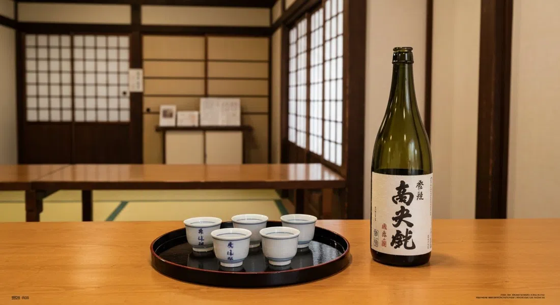 una bandeja de cata en el Museo del Sake Gekkeikan Okura, pequeñas copas de sake junto a una botella para llevar en un interior de kura restaurado de 1909