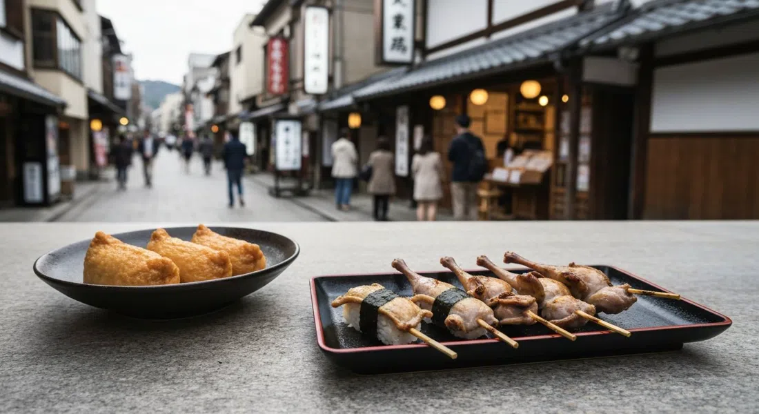 codorniz en brocheta e inari sushi en Nezameya en el acceso a Fushimi Inari, la comida dispuesta en una bandeja simple con una cálida luz de última hora de la tarde