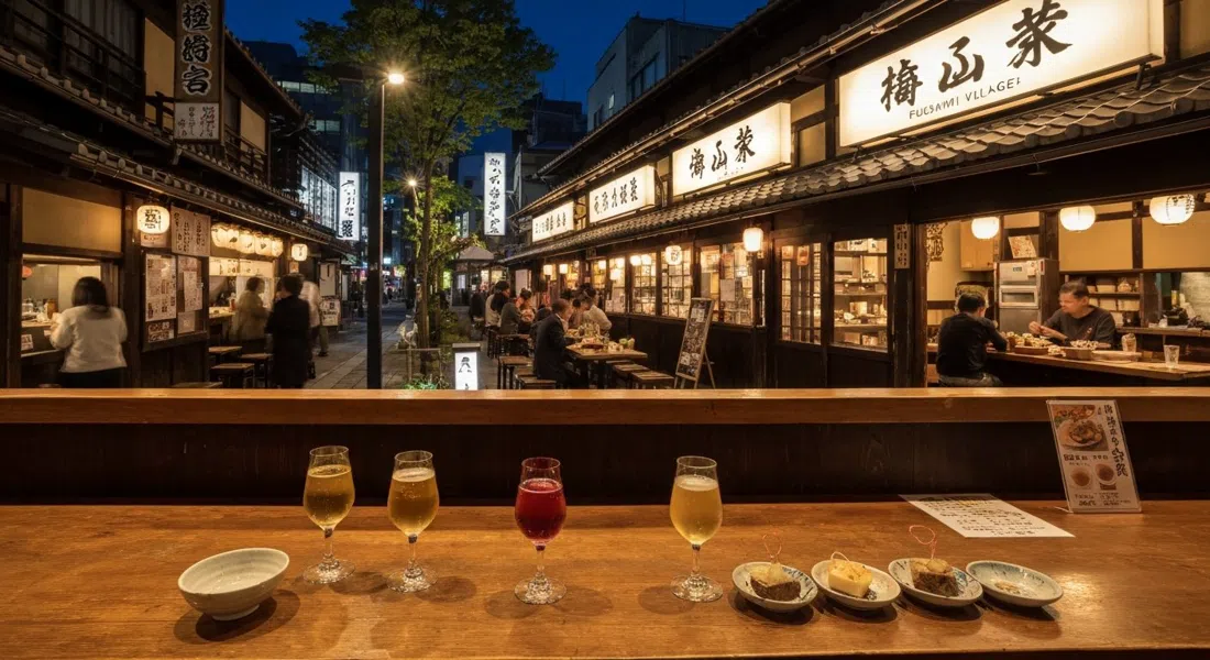 Fushimi Sake Village de noche, copas de cata y tapas bajo una cálida iluminación interior con carteles de cervecerías arriba
