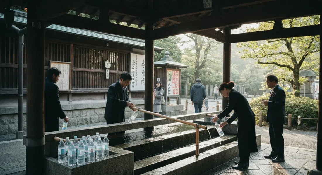 lugareños llenando botellas de plástico en el manantial Gokosui del santuario Gokonomiya, el entorno del santuario enmarcado por un verde tranquilo y luz matutina