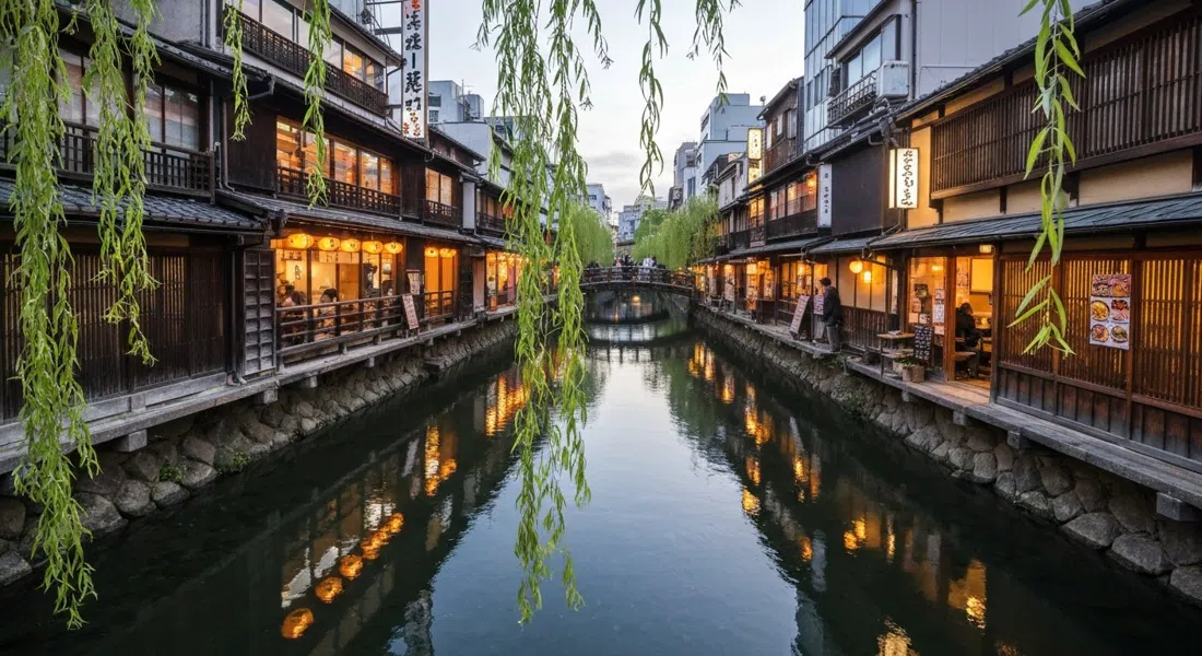 El canal Shirakawa en Shinbashi al atardecer, ramas de sauce sobre el agua y fachadas de madera de restaurantes reflejadas abajo