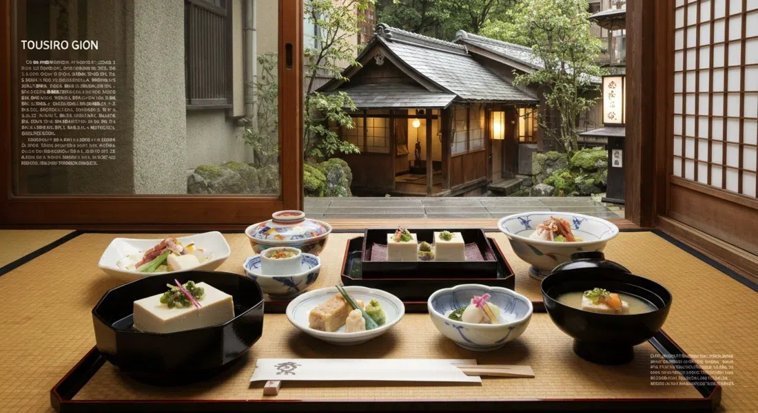 Una comida kaiseki de tofu de menú fijo en Tousuiro Gion, delicados platos de temporada dispuestos en un comedor machiya tranquilo