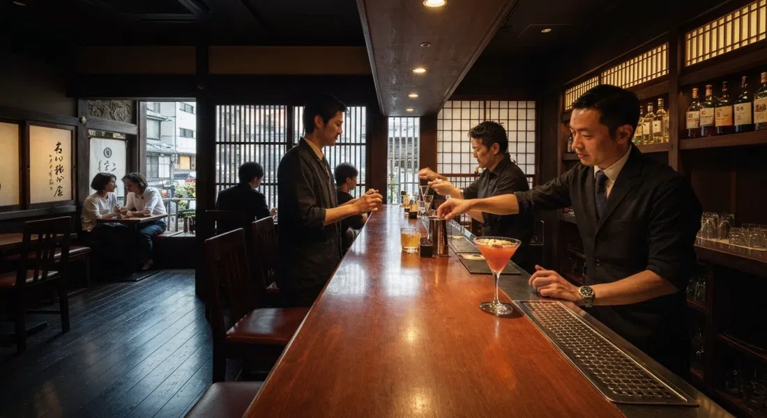 El íntimo salón de cócteles en el tercer piso de Bar Ixey en Gion, luz tenue, madera pulida y una bebida personalizada preparándose en la barra