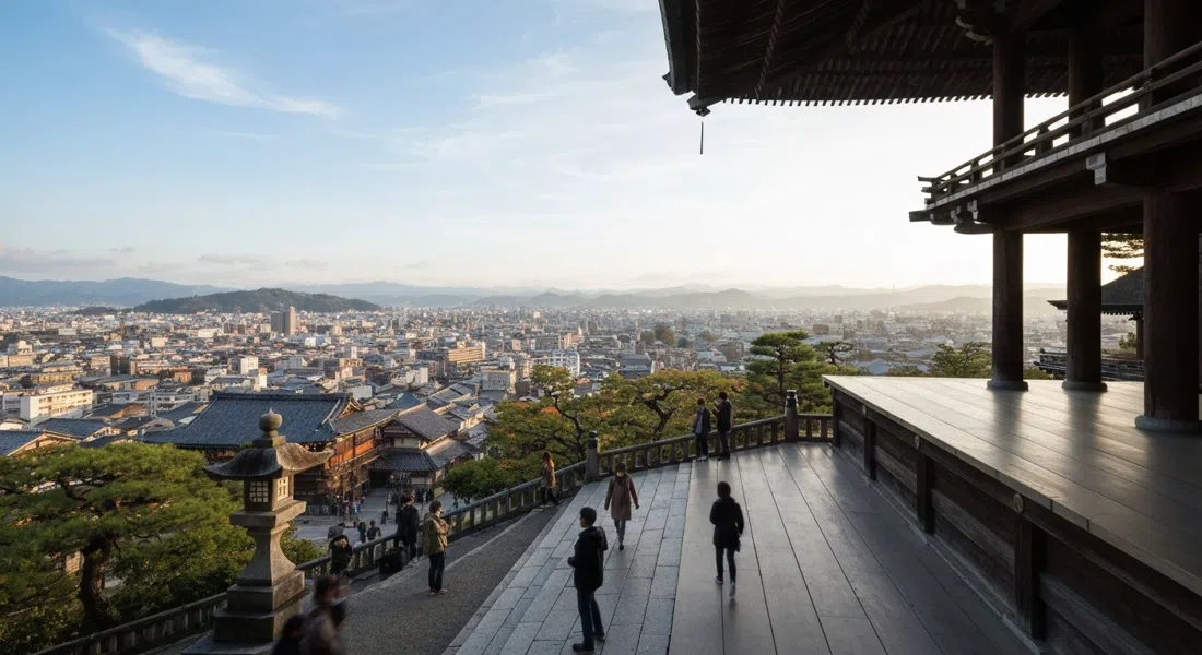 El escenario de madera de Kiyomizu-dera sobre la ladera con luz de la mañana temprano, Kioto extendido abajo y los pilares del templo visibles debajo