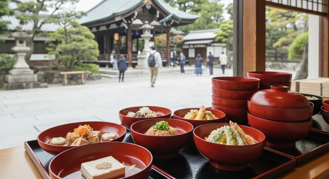 Cuencos de laca roja apilados de shojin ryori en Izusen, con tofu de sésamo, fu y verduras tempurizadas dispuestos junto a un jardín del templo visto a través de la ventana