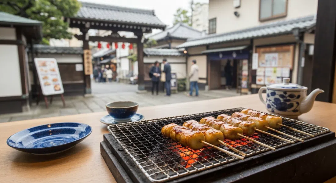 Brochetas de aburi-mochi asándose sobre carbón en Ichiwa, junto a la puerta del santuario Imamiya, con el glaseado de miso atrapando la luz y el té junto al plato