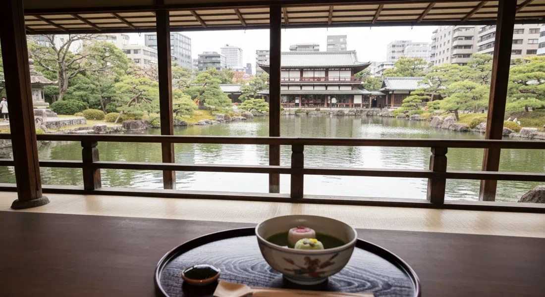 Un cuenco de matcha y wagashi en Toji-in, colocado en el porche con vistas al jardín del estanque con luz suave de media mañana