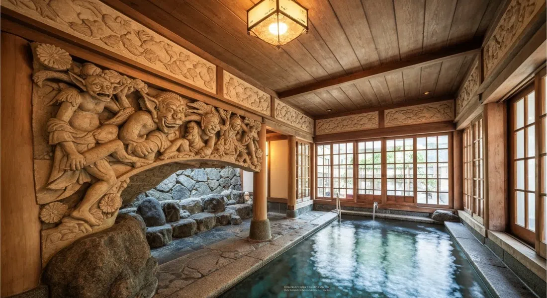 El techo tallado con duendes y los azulejos Majolica en el interior de Funaoka Onsen, con la antigua casa de baños pública iluminada cálidamente y el baño de roca visible