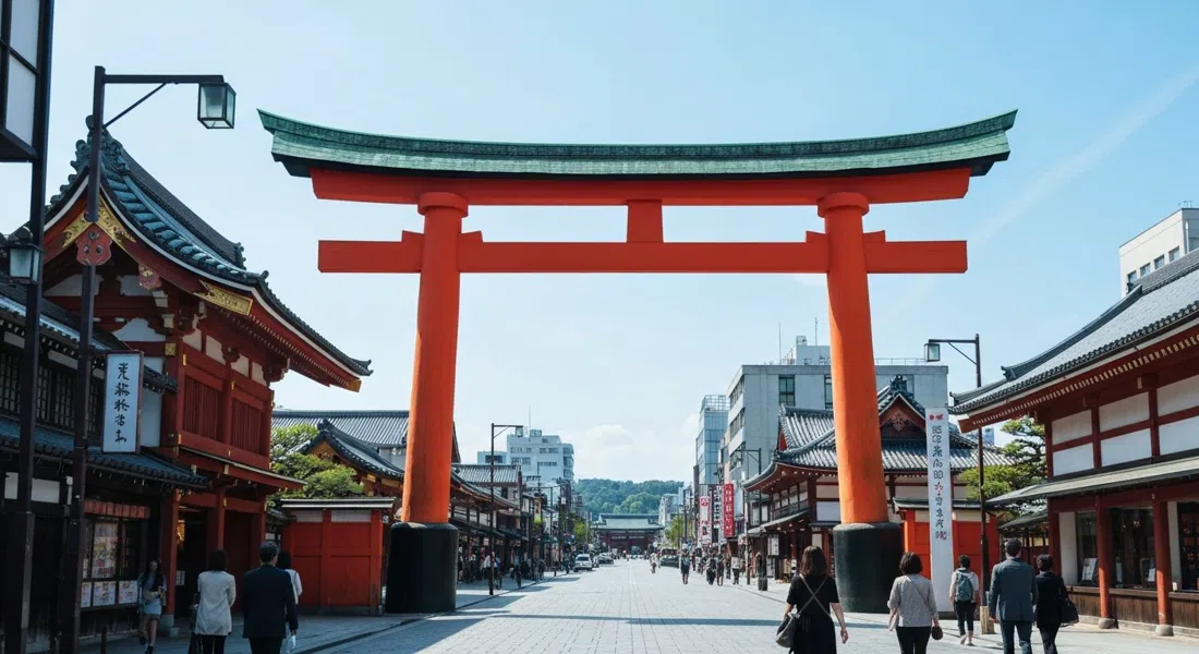 El gran torii bermellón de Heian-jingū que cruza el amplio bulevar en Okazaki, Kioto, con fachadas de museos y cielo abierto detrás al mediodía