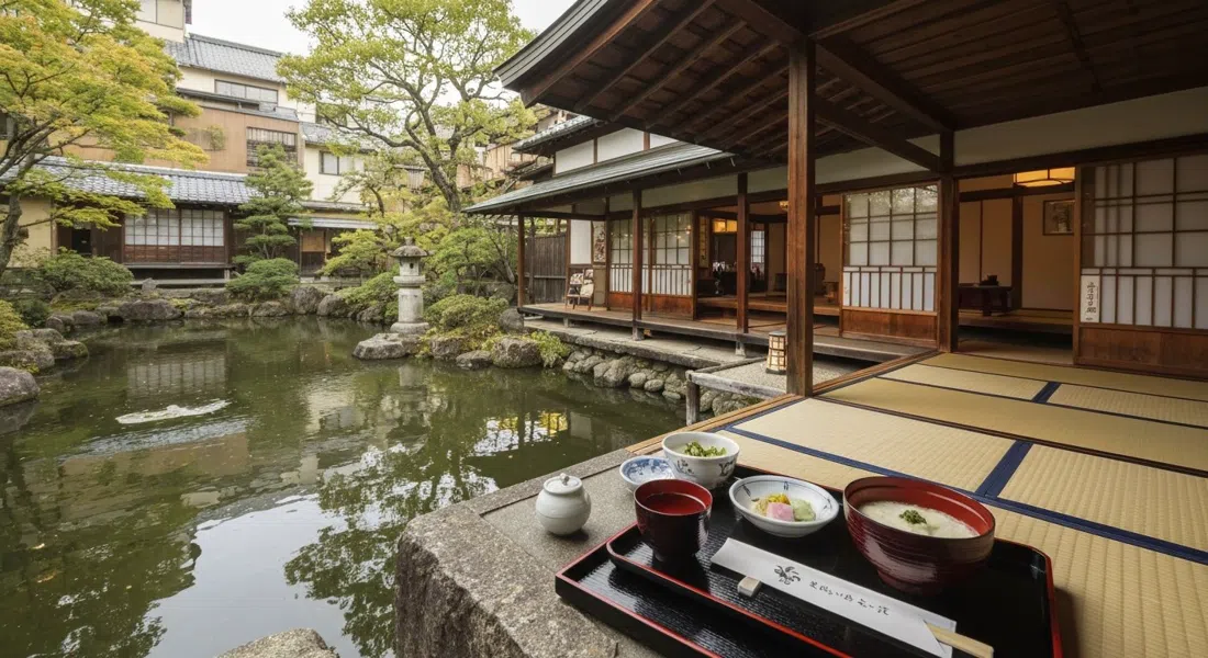 El comedor rústico de poca altura y el estanque del jardín en Okutan Nanzenji, con una comida de yudofu servida junto al agua con luz natural suave