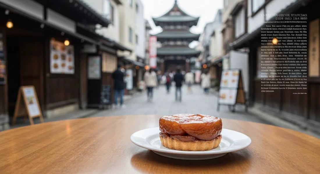 Una tarta tatin brillante en La Voiture cerca de Heian-jingū, manzanas profundamente caramelizadas en un plato de postre simple con luz de cafetería cayendo sobre la mesa