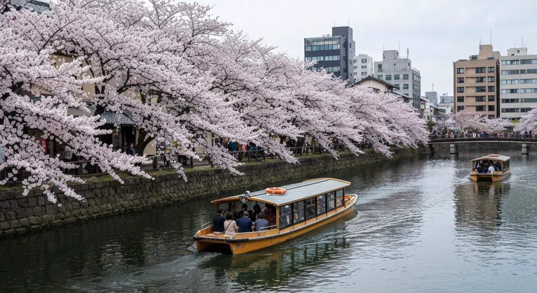 El barco del canal Okazaki Jikkokubune en un tramo tranquilo del Canal del Lago Biwa en temporada de cerezos, pasajeros bajo pétalos pálidos con agua reflejando los árboles