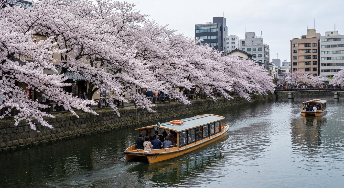 the Okazaki Jikkokubune canal boat on a calm stretch of the Lake Biwa Canal in cherry season, passengers under pale blossoms with water reflecting the trees